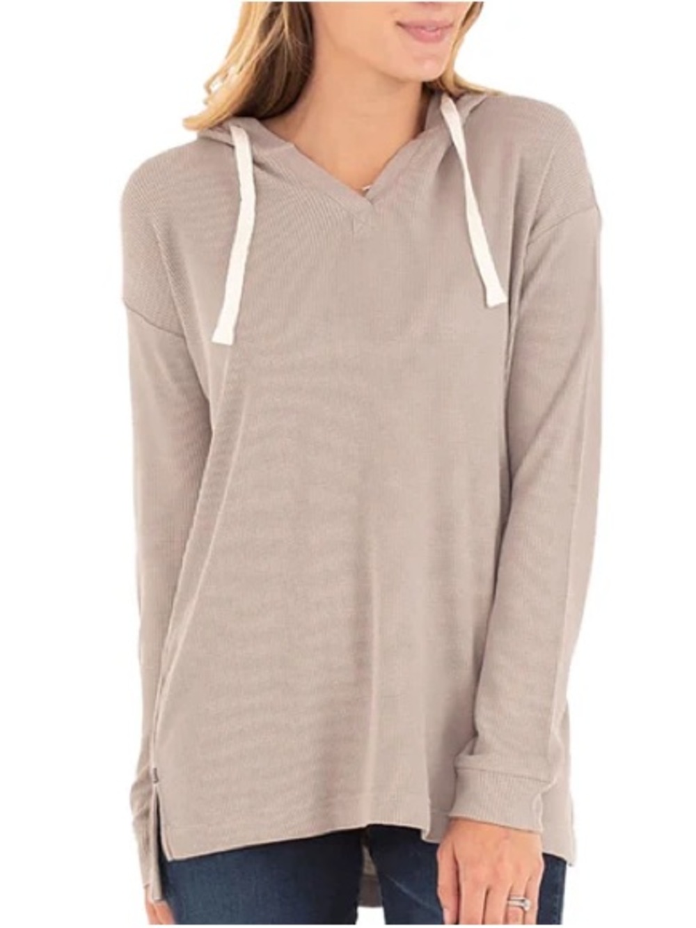 Free Fly Waffle Knit Hoodie Taupe V-Neck Lightweight Pullover Size Small